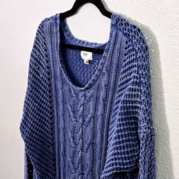 ECI New York Cotton Cable Knit Sweater Blue Textured Pullover XL Boho - Picture 5 of 9